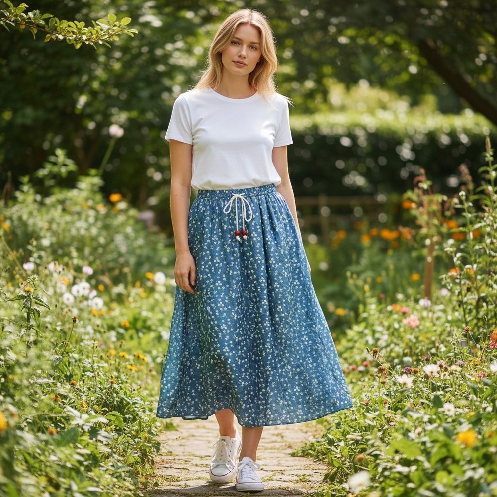 Layered Floral Maxi Skirt Women Small Blue Daisy Boho Cottagecore Drawstring
